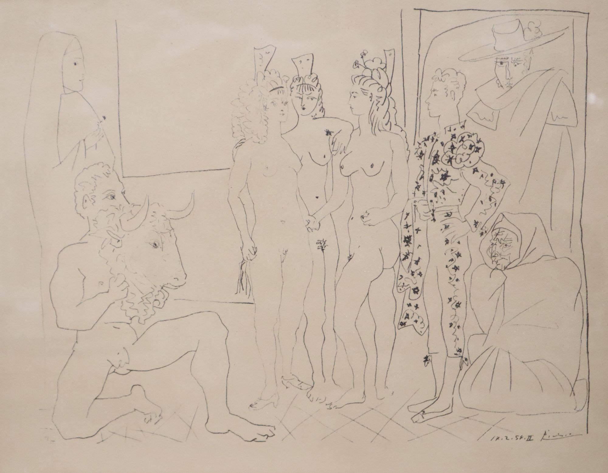 Henry Matisse, monochrome print, Artist and model, overall 29 x 36cm, a pair of prints after Picasso and a Cezanne reprint, Guillaumin